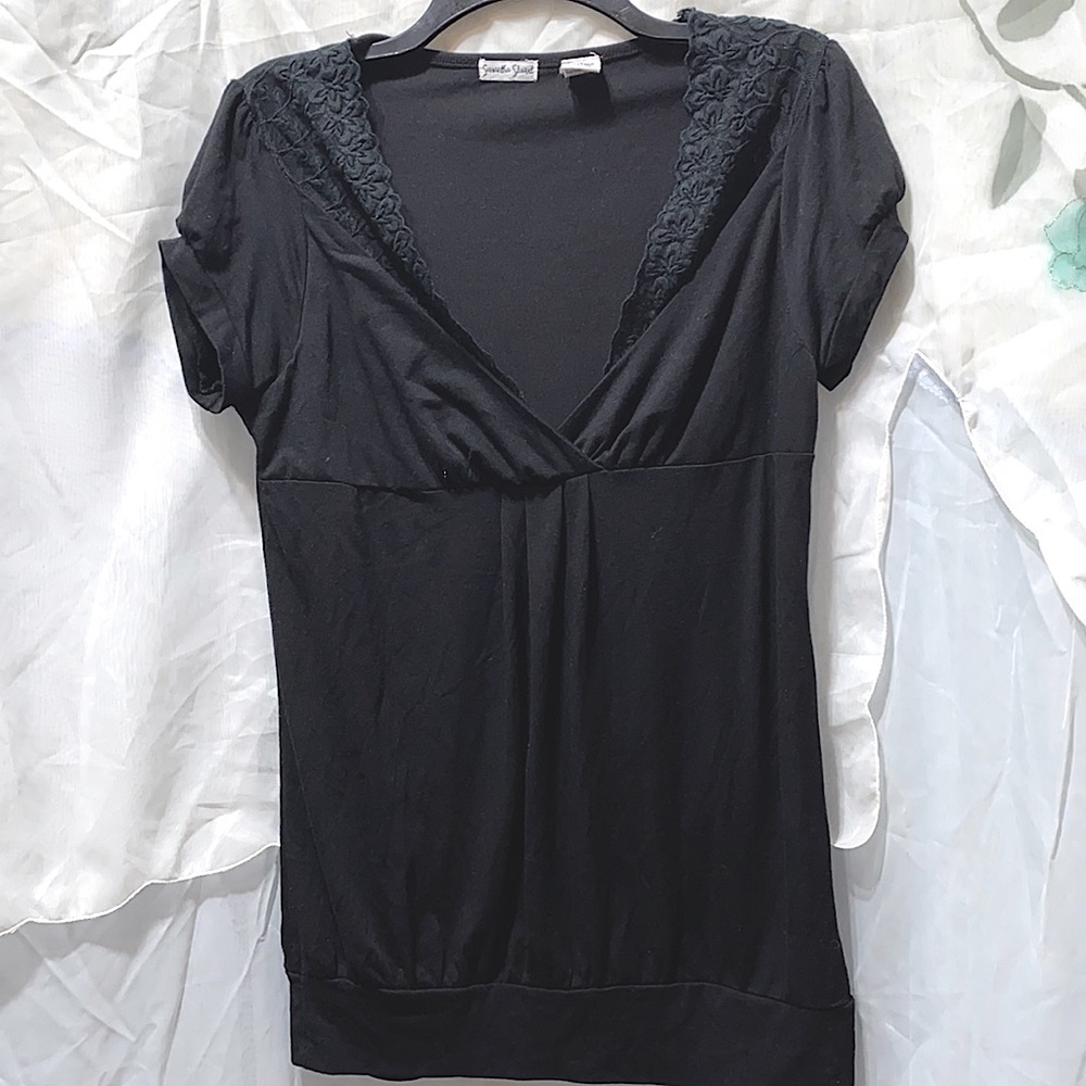 SAMANTHA STUART BLK JERSEY SH SLV TUNIC SZ L